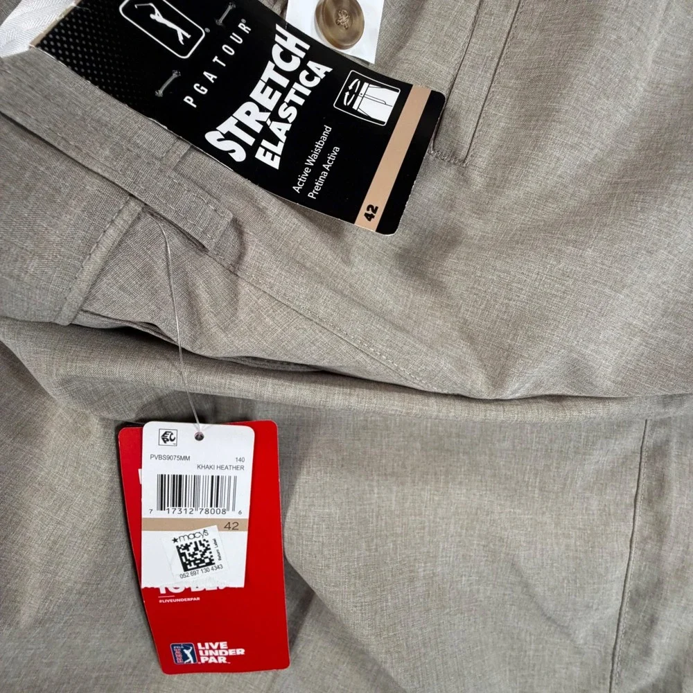 PGA Tour Golf Shorts Mens 42 Khaki Heather Stretch Active Waistband Performance